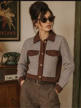 Chérie Collette Brown Houndstooth Knit Polo